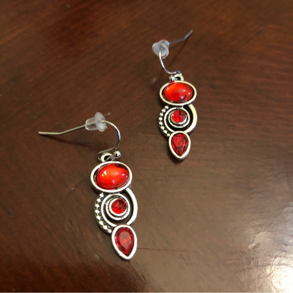 Yaomiao Crystal Dangle Oval/Circle/Water Drop Earrings Women's Red/Silver - Picture 3 of 6